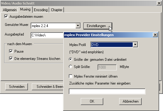 Screenshot:Einstellungen zum Muxen beim Cuttermaran