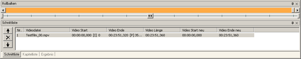 Screenshot:Rollbalken und Schnittliste bei Cuttermaran